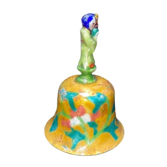 Vintage Hand-Painted Ceramic Bell With Floral Design & Figurine Handle - Picture 4 of 13